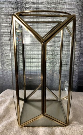 Vintage Brass And Glass Octagon Display With Handle Terrarium Candle 10.  5” Tall