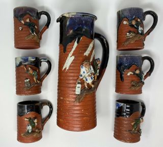 Rare 7 Pc Set Of Japanese Sumida Pottery 12 1/2” Tankard,  4 1/2” Mugs
