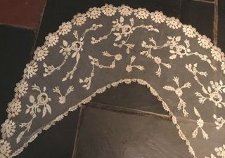 Antique Handmade Brussels Bobbin Lace Application On Net Collar Craft