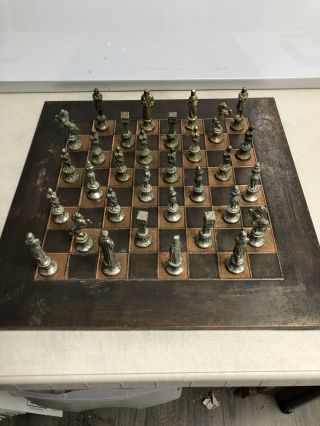Vintage Brass & Pewter Heavy Sculptures Chess Set Rare Vintage 3.  25 " King Rustic