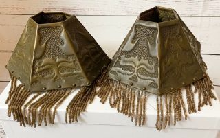 Rare Early 1900’s Newcomb Arts & Crafts Brass Lamp Shades W/ Fringe