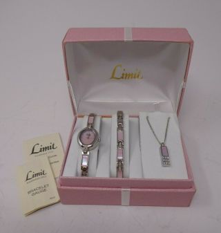 Limit Ladies Watch Jewellery Bracelet & Necklace Set Pink Silver Tone Boxed 35