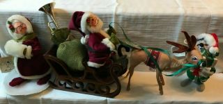 Vintage Annalee 9 " Santa With Sleigh And Rudolf,  8 " Mrs.  Claus & 6 " Xmas Mouse