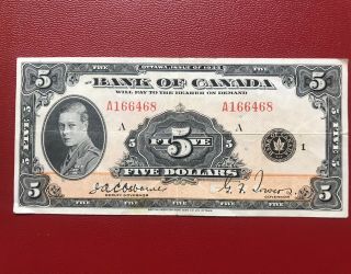 Rare 1935 Bank Of Canada $5 Banknote: