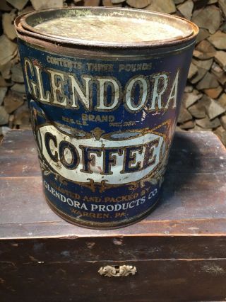 Vintage Antique Tin Litho Glenndora Coffee Tin Can 3 Pounds,  Warren,  Pa