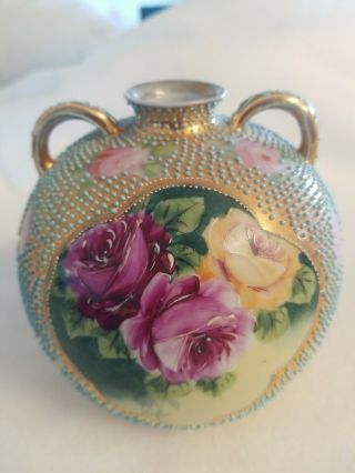 Antique Porcelain 2 Handled Royal Kinran Nippon Vase W/ Moriage Decoration