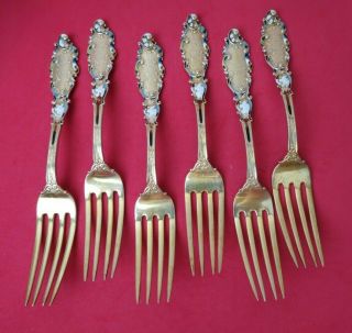 Rare Set Of Six Gorham " Luxembourg " Sterling Silver Vermeil & Enamel Forks