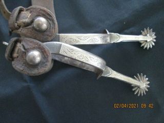 Rare And Unusual,  Old Silver Mounted 2 Pc.  Construction Spurs.  Old Straps