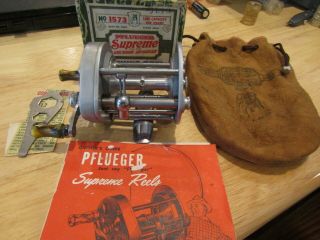 Vintage Pflueger Supreme No.  1573 With Papers,  And Leather Pouch