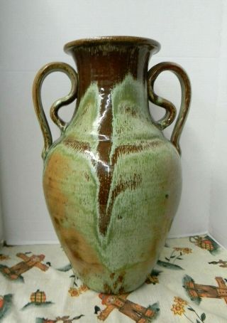 Rare Signed A.  R.  Cole 19 " Fancy Double Handle Floor Vase,  Crystal Green Glaze