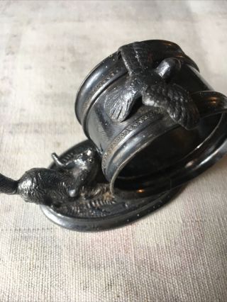 Reed & Barton Victorian Silverplate Figural Dog Chasing Bird Napkin Ring Holder