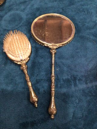 Vintage Gold Hand Mirror & Brush Set Heavy Antique