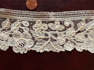 19th C Point D’angleterre Bobbin Lace Edging With Point De Gaze Mesh Background