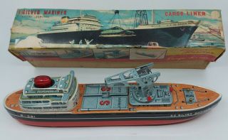 Rare Tin Bandai Silver Mariner Cargo Liner Ship Boat,  Japan 1958