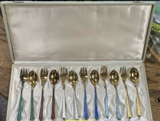 Sterling Silver 925 Enamel Guilloche Spoon & Fork 12 Pc Set Ela Denmark Rare