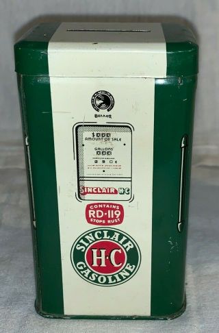 ANTIQUE SINCLAIR H - C GASOLINE GAS PUMP TIN LITHO STILL BANK CAN OIL STATION OLD 3