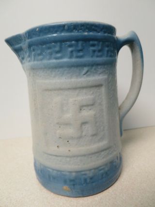 Antique Blue/white Stoneware Salt Glaze Pitcher C.  1910 Isle Of Man Design