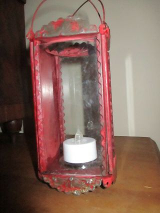 Antique 19th Century Christmas Tree Candle Lantern Tin And Glass