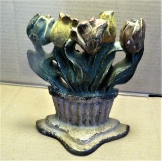 Antique Cast Iron Basket Of Flowers Door Stop - Tulips - Albany Foundry
