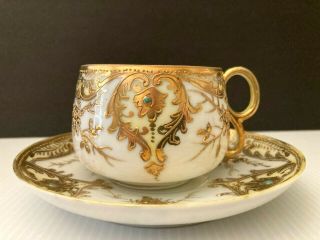 Rare Antique Nippon Raised Gold Jeweled Hand Painted Cup And Saucer.  Japan