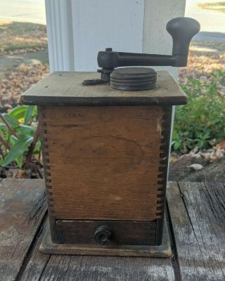 Antique Vintage Coffee Mill Grinder,  Cast Iron & Wood