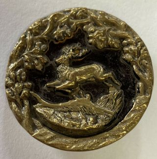 Antique Vintage Victorian Extra Large Metal Picture Button With Elk In Forrest