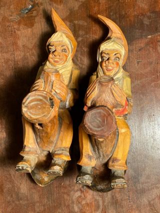 2 Vintage Black Forest Carved Wood Gnome Elf Spigots
