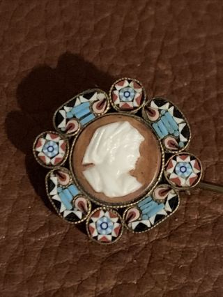 Antique Micro Mosaic Hand Carved Shell Cameo Pin Brooch C.  1900s