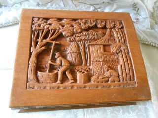 Vintage Hand Carved Wood Hinged Jewelry Documents Box Phillipine Mahogany