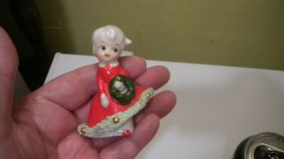 Vintage Enesco Christmas Girl Figurine Holding Wreath Is 2 5/8 " Tall Figurine