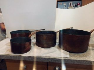 4 Large Heavy Antique French Copper Pots Los Angeles