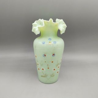 Antique Bristol Green Glass Hand Painted Floral Crimped Ruffled Edge Vase
