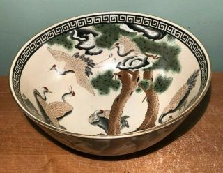 Fine Chinese Porcelain Stork Crane Greek Key Decorated 12 " Bowl - H.  F.  P.  Macau