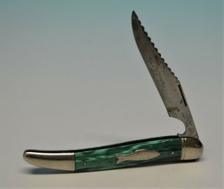 Vintage Antique Imperial Fishing Pocket Knife Green Handle Fish Motif