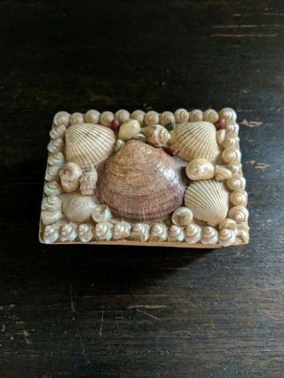 Antique Victorian Sea Shell Art Trinket Box Folk Art Made In England