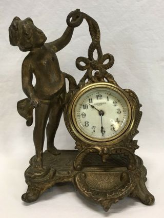 Antique Art Nouveau Haven Clock Co.  Putti Cherub Cupid Shelf Table Clock