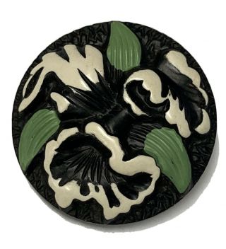 Antique Vintage Buffed Celluloid Button Large Size With Black & White Flower