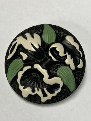 Antique Vintage Buffed Celluloid Button Large Size With Black & White Flower 2