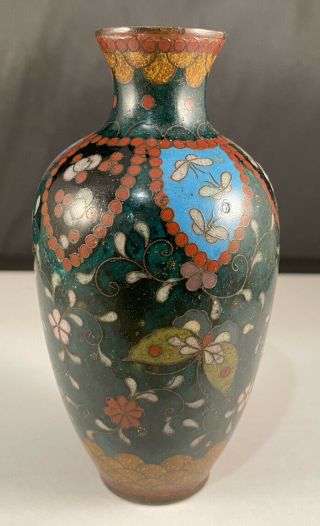 Antique Japanese Goldstone Cloisonne Enamel Shippo Butterfly Floral Vase