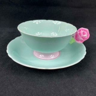 Rare 1950s Paragon England Green Rose Flower Handle Cup Saucer Minty