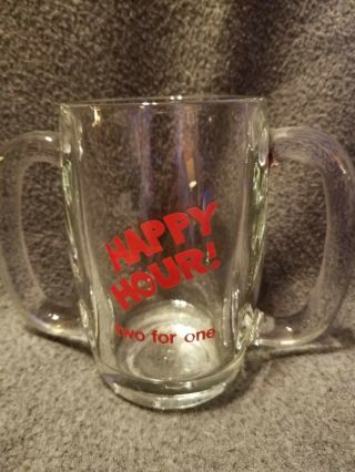 Rare Htf Vintage Happy Hour Double Handle Heavy Barrel Thick Glass Mug