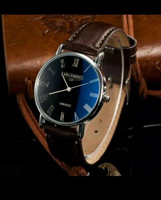 Mens Dark Brown & Black Lngunes Wristwatch With Leather Strap Quartz Watch ⌚ 2