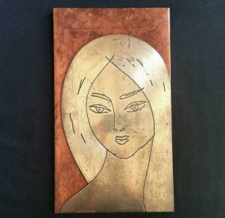Vintage Russian Brass Plaque On Wood Female Face Picasso Style Sculpture