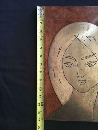 vintage Russian Brass Plaque on Wood Female face Picasso style sculpture 2