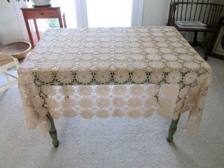 Antique Vintage Hand Crocheted Ecru Tablecloth Scalloped Border 45 " X 74 "