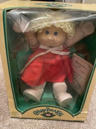 Vtg Coleco Cabbage Patch Kids Doll Girl Red Dress Blonde Hair Blue Eyes