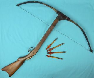 Rare Vintage Old Us Custom Handmade Crossbow W/ 4 Arrows Arrow