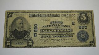 $5 1902 Glens Falls York Ny National Currency Bank Note Bill Ch.  980 Rare