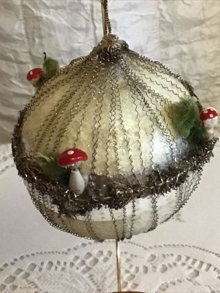 Antique Wire Wrapped Spun Cotton Mushrooms On Sugared Silver Christmas Ornament