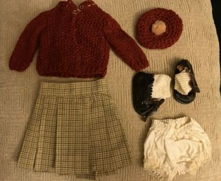 16 " Terri Lee Doll Tan Plaid Skirt,  Red Sweater & Beret,  Panties,  Brown Shoes